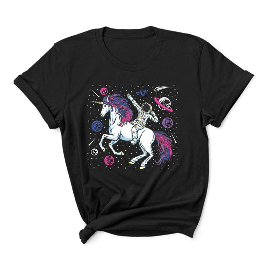 bisexual shirt, funny astronaut riding unicorn in space in subtle bi pride colors, main