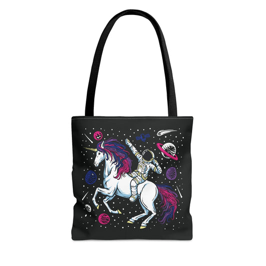 bisexual tote bag, astronaut in space riding unicorn bi pride bag
