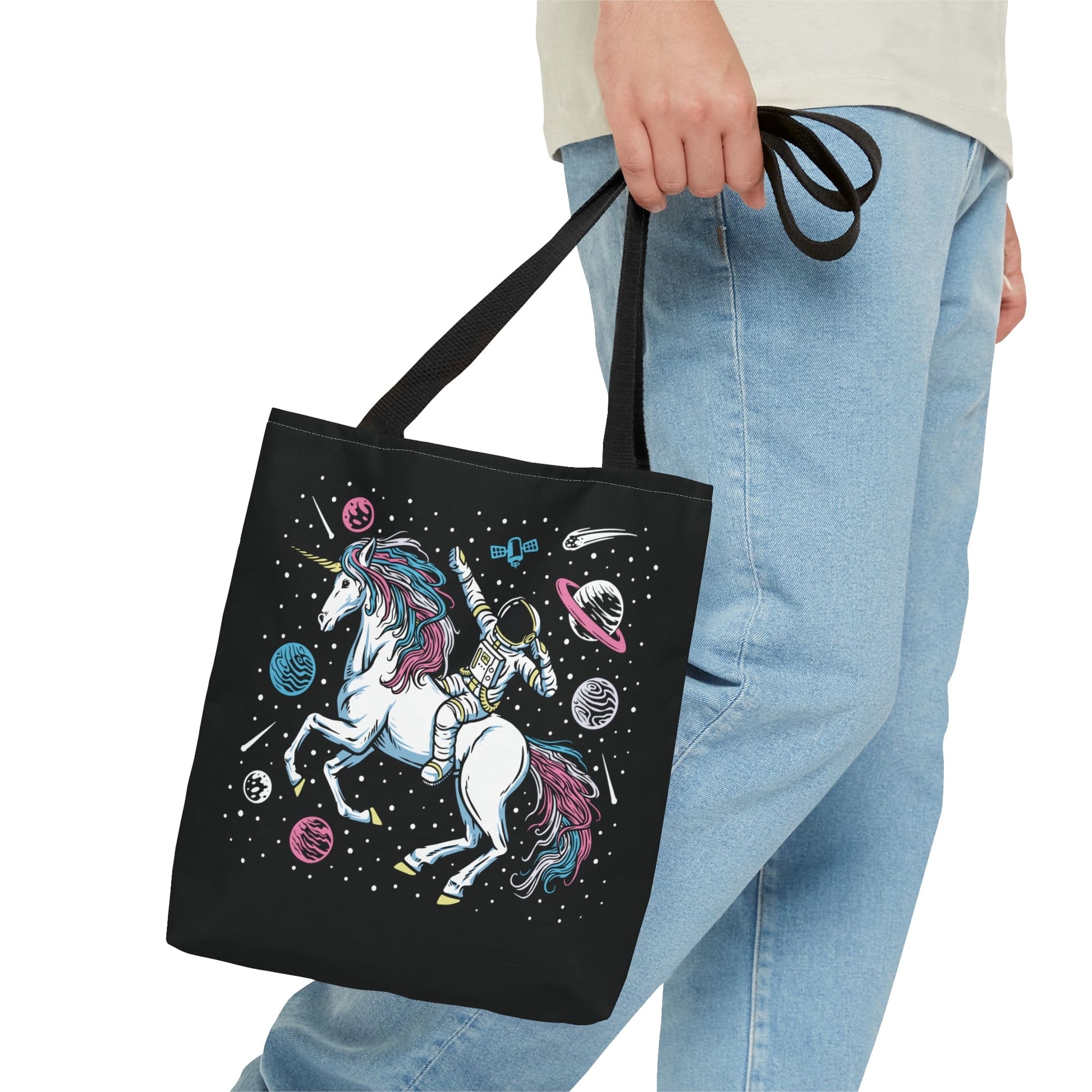 transgender tote bag, astronaut in space riding unicorn trans pride bag, small
