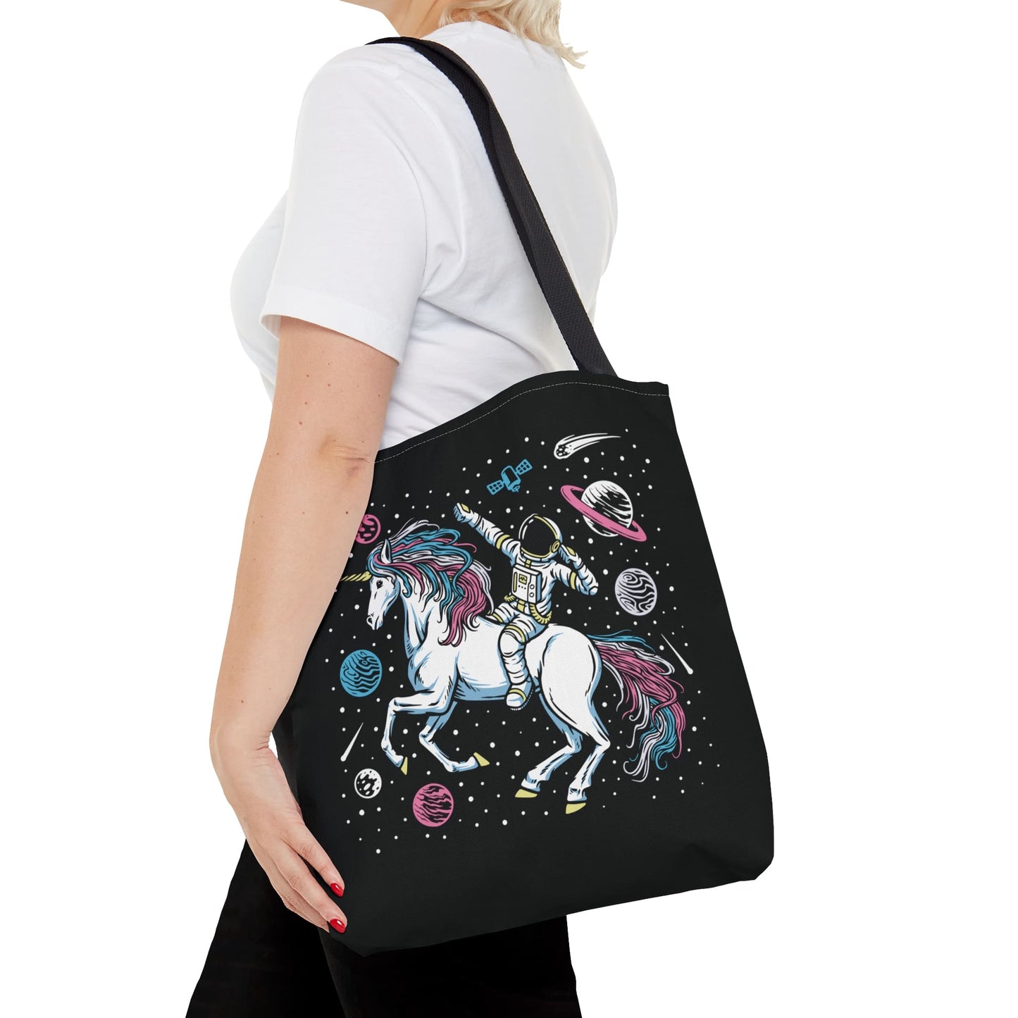 transgender tote bag, astronaut in space riding unicorn trans pride bag, medium