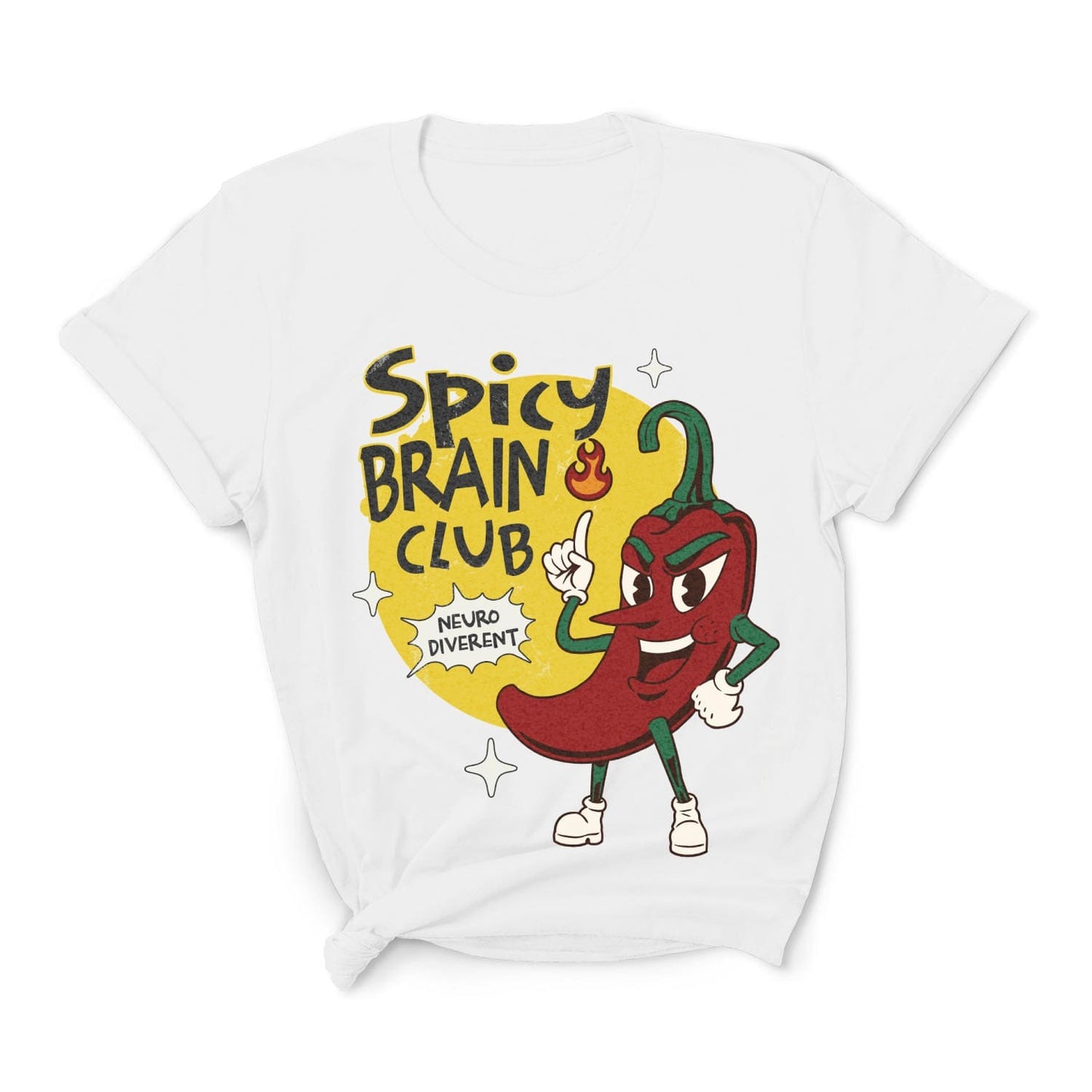 White t-shirt with a cartoon pepper character and 'Spicy Brain Club' text on a white background: Spicy Brain Club Shirt, Funny Neurodivergent Tee, Autism Awareness T-Shirt, Neurospicy Gift For Autistic, AuDHD Affirming, Therapist Gift