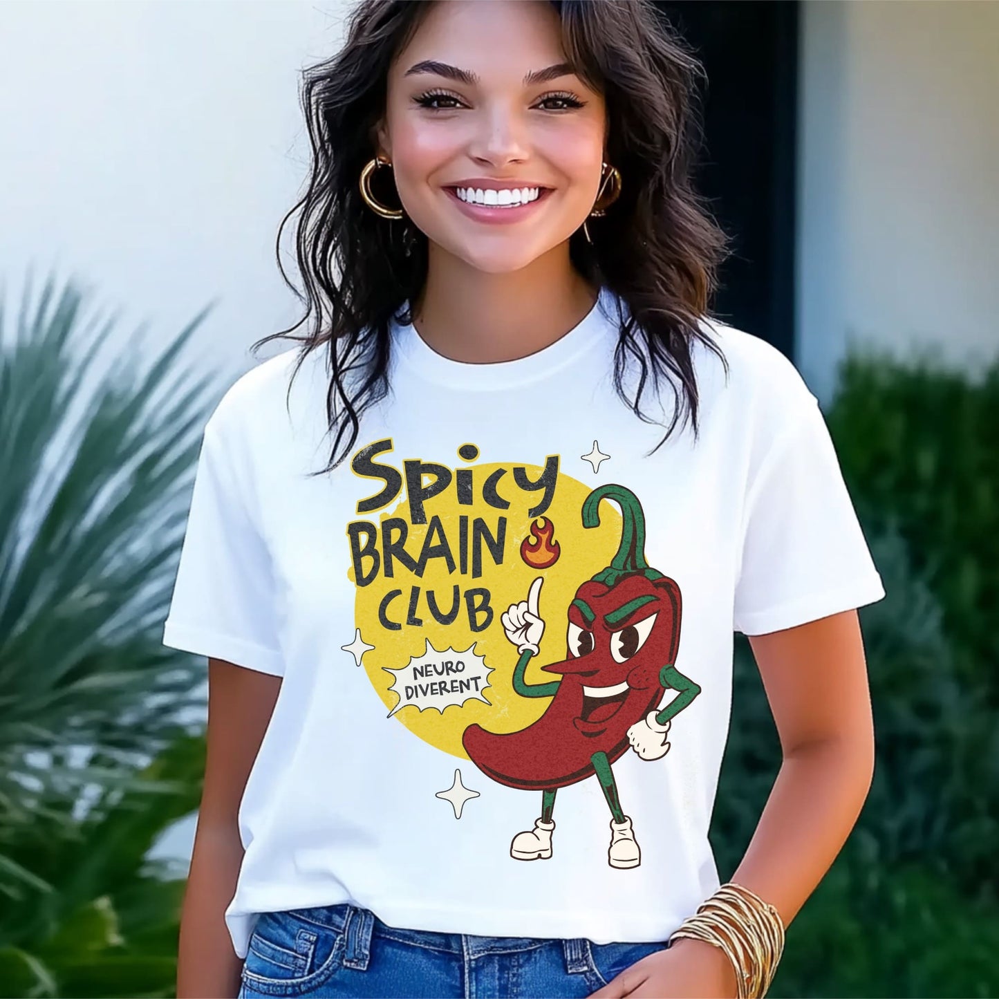 Woman wearing a white t-shirt with a cartoon chili pepper and text design: Spicy Brain Club Shirt, Funny Neurodivergent Tee, Autism Awareness T-Shirt, Neurospicy Gift For Autistic, AuDHD Affirming, Therapist Gift