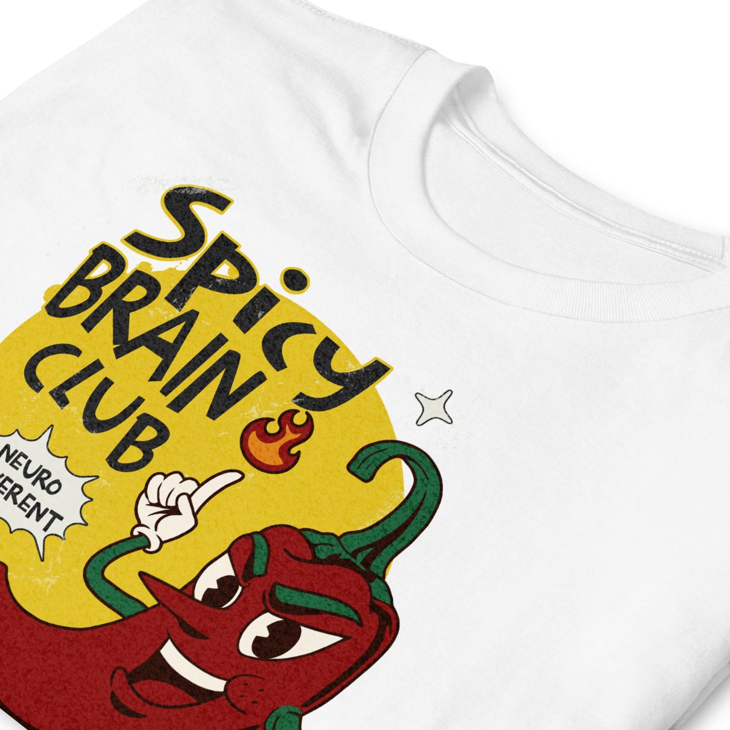 White t-shirt with a red chili pepper graphic and 'Spicy Brain Club' text on a yellow background: Spicy Brain Club Shirt, Funny Neurodivergent Tee, Autism Awareness T-Shirt, Neurospicy Gift For Autistic, AuDHD Affirming, Therapist Gift