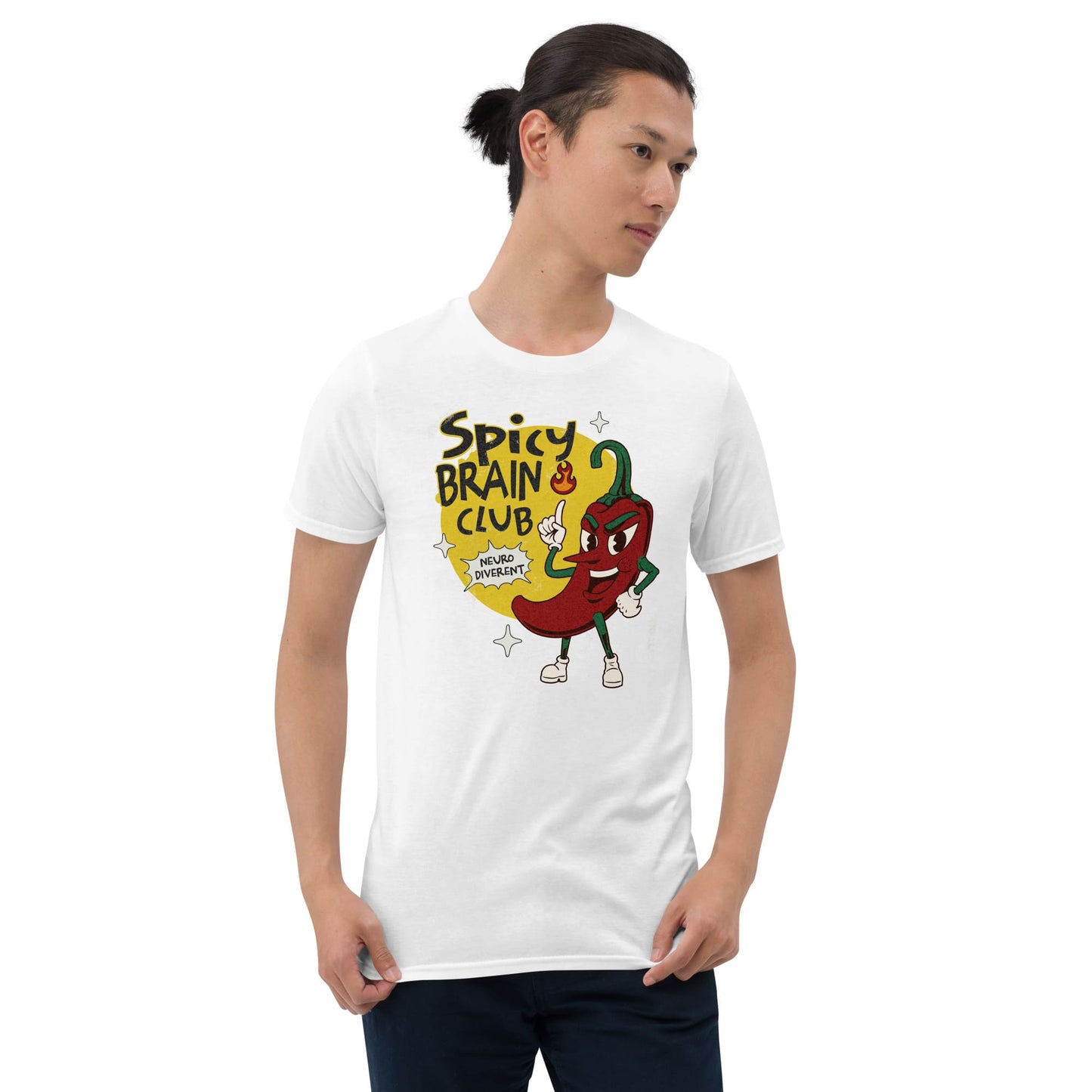 Person wearing a white t-shirt with a cartoon pepper design and text on a white background: Spicy Brain Club Shirt, Funny Neurodivergent Tee, Autism Awareness T-Shirt, Neurospicy Gift For Autistic, AuDHD Affirming, Therapist Gift
