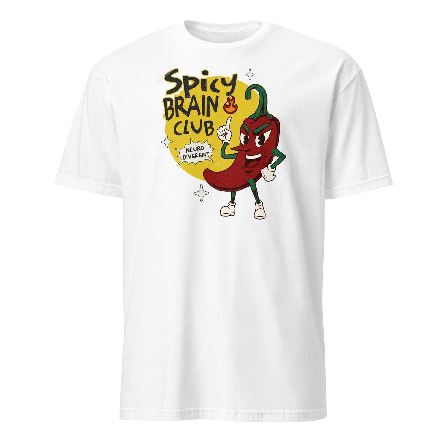 White t-shirt with a cartoon pepper character and 'Spicy Brain Club' text on a white background: Spicy Brain Club Shirt, Funny Neurodivergent Tee, Autism Awareness T-Shirt, Neurospicy Gift For Autistic, AuDHD Affirming, Therapist Gift
