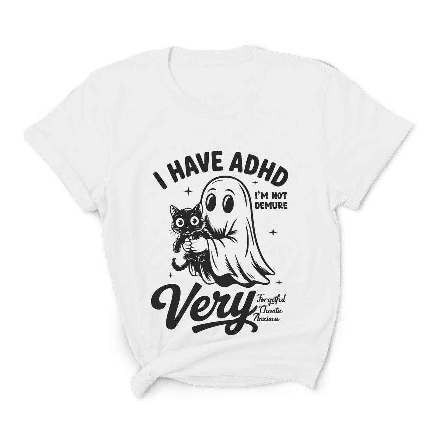 White t-shirt with black graphic design featuring a ghost and cat, and text on a white background: Spooky ADHD Shirt, Funny Neurodiversity Halloween Tee, Neurospicy Gift For AuDHD, Mental Health Awareness Tshirt, Cute Neurodivergent Ghost