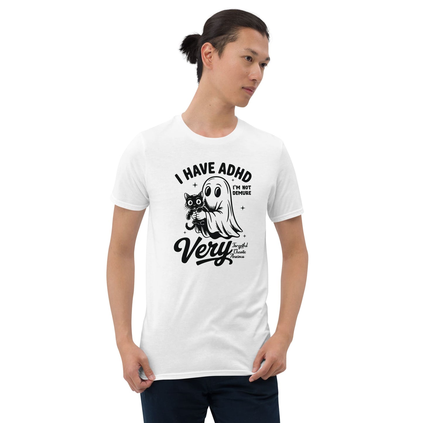 Person wearing a white t-shirt with a graphic design and text: Spooky ADHD Shirt, Funny Neurodiversity Halloween Tee, Neurospicy Gift For AuDHD, Mental Health Awareness Tshirt, Cute Neurodivergent Ghost