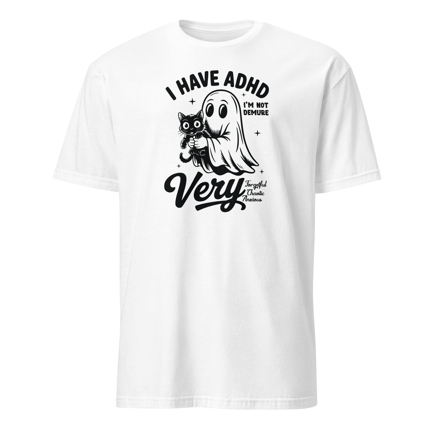 White t-shirt with black graphic and text on a white background: Spooky ADHD Shirt, Funny Neurodiversity Halloween Tee, Neurospicy Gift For AuDHD, Mental Health Awareness Tshirt, Cute Neurodivergent Ghost