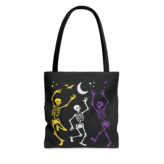nonbinary halloween tote bag, spooky dancing skeletons enby pride bag
