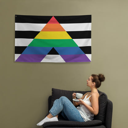 Straight ally flag wall tapestry, with model