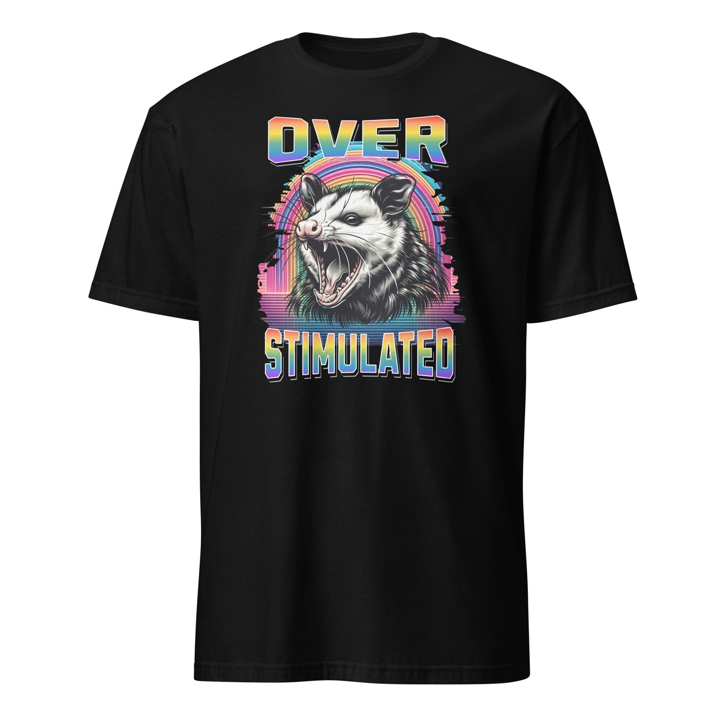Black t-shirt with a graphic of an opossum and colorful text on a white background: Subtle LGBT Overstimulated Shirt, Unhinged Opossum Gay Pride Tee, Queer Neurodivergent T-Shirt, Neurospicy Gift For Autistic ADHD AUDHD
