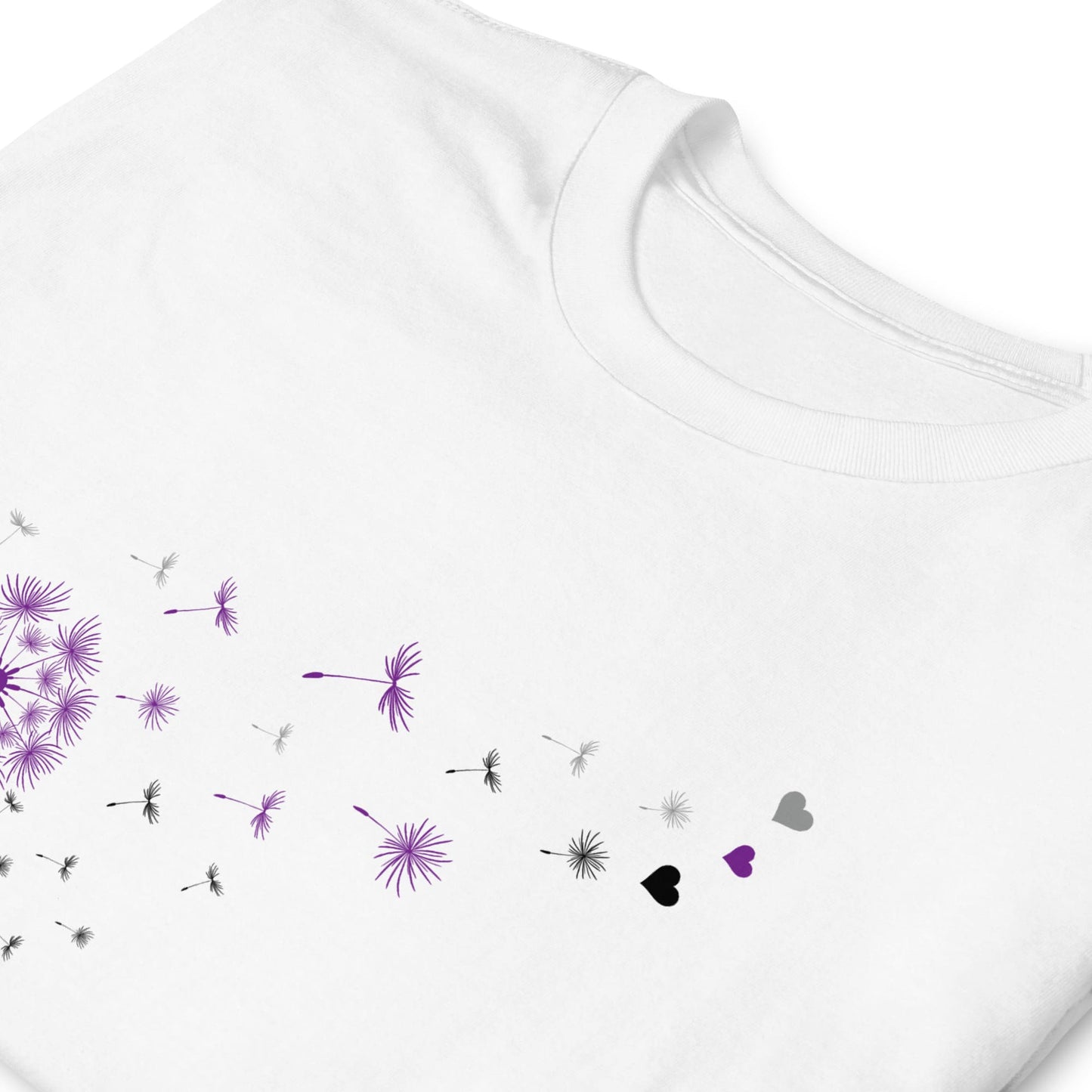 White t-shirt with purple and black floral pattern on a white background