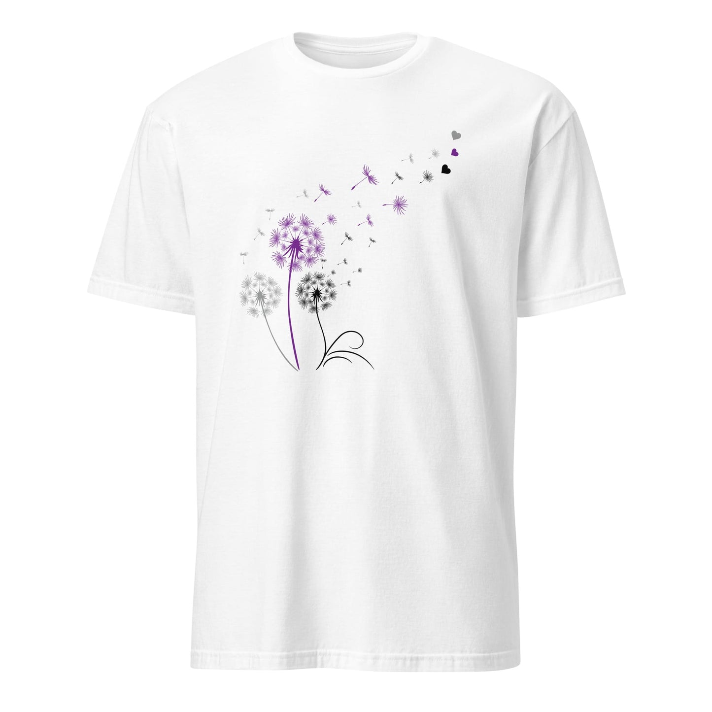 White t-shirt with a purple floral design on a white background