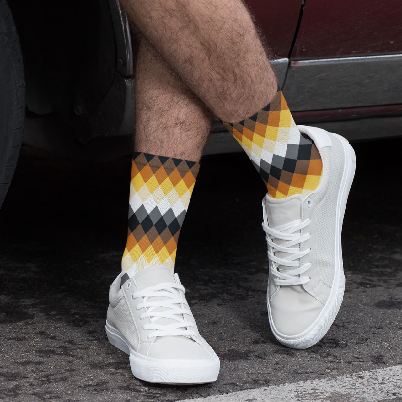 bear pride socks, discreet diamond pattern, in use