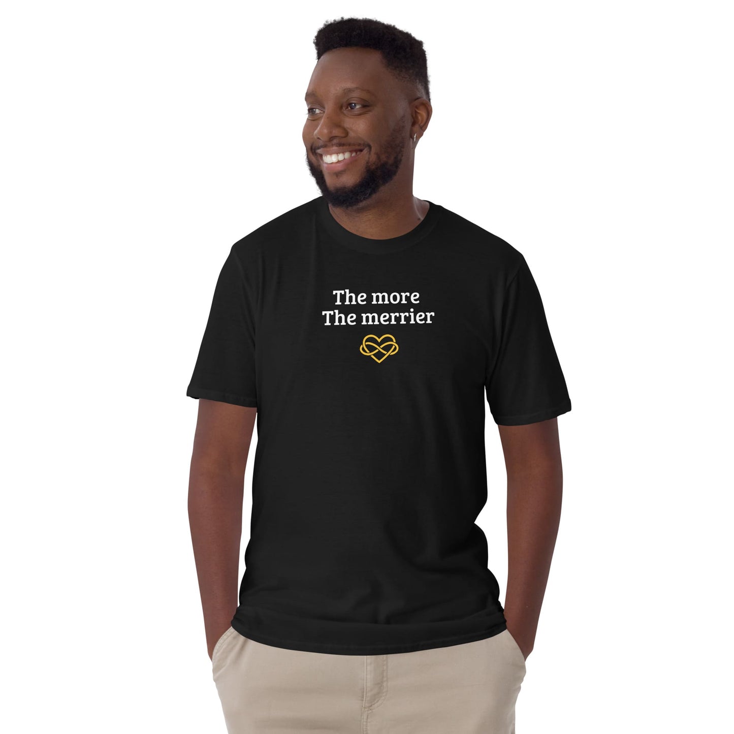 Man wearing a black t-shirt with text and logo on a white background: Subtle Polyamory Shirt, Funny Open Relationship Tee, Polyamorous Pride T-Shirt, Non Monogamy, Polycule Gift For Big Middle Little Spoon