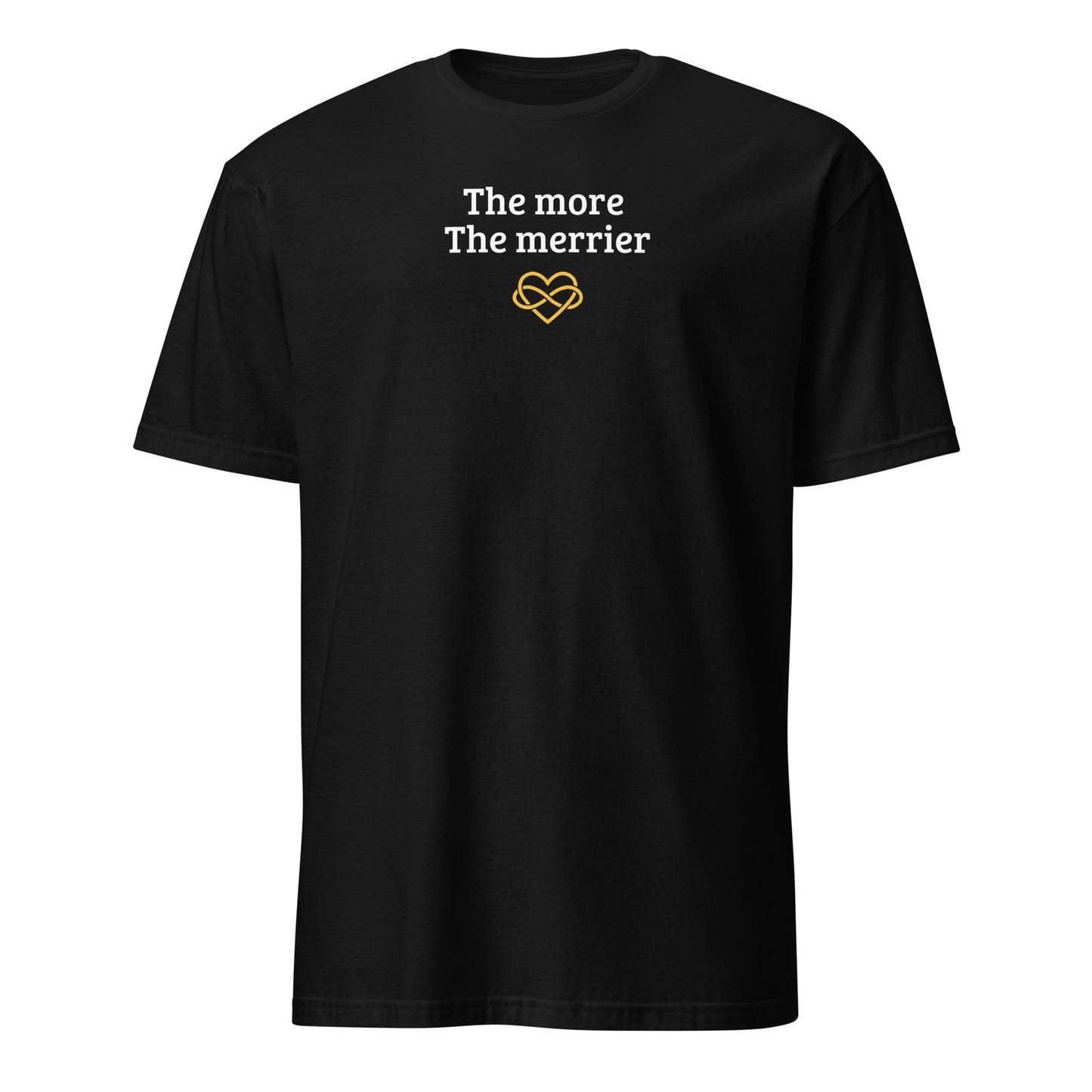 Black t-shirt with white text and yellow heart design on a white background: Subtle Polyamory Shirt, Funny Open Relationship Tee, Polyamorous Pride T-Shirt, Non Monogamy, Polycule Gift For Big Middle Little Spoon