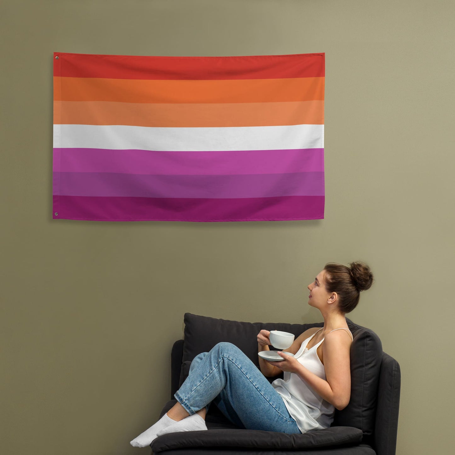 lesbian sunset flag wall tapestry, with model