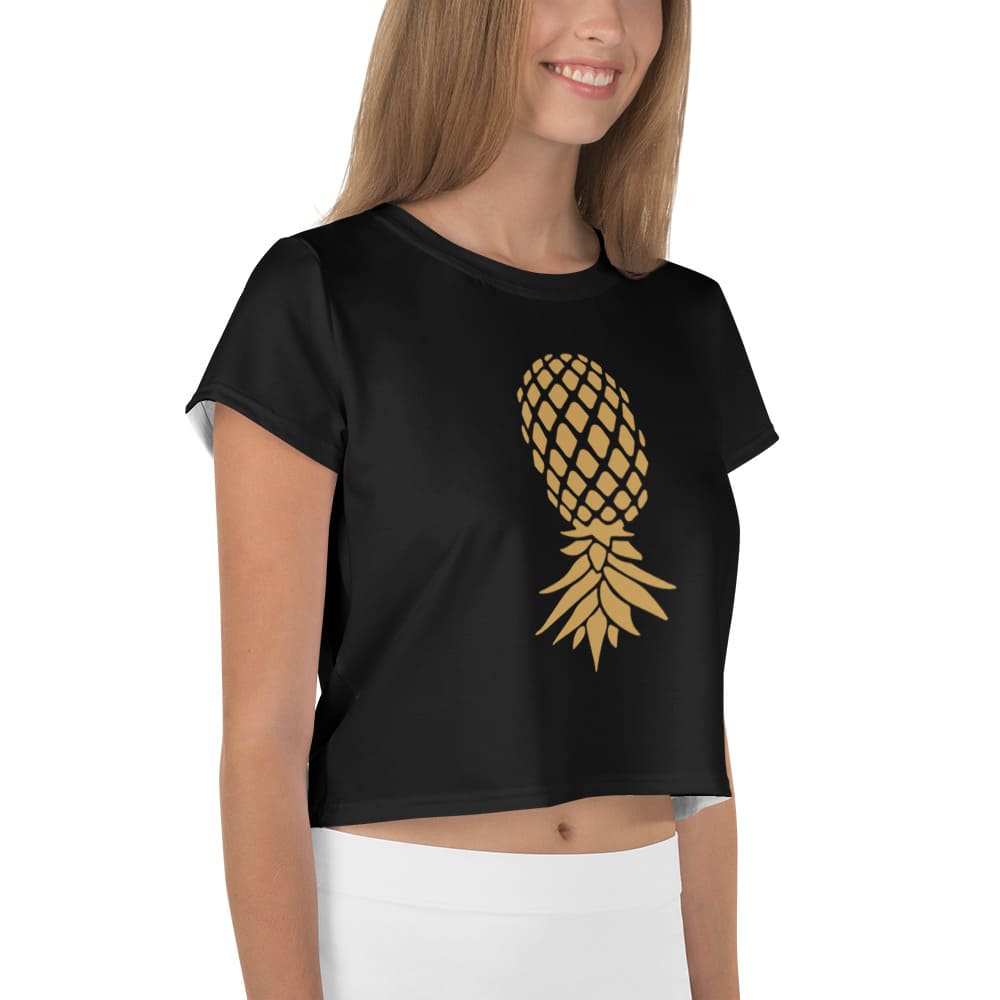 swingers upside down pineapple crop top, model 1 right