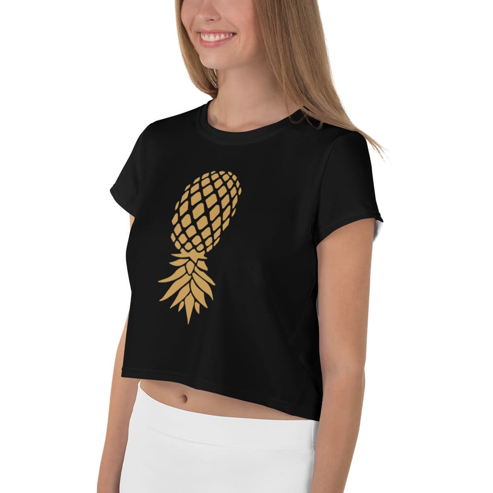 swingers upside down pineapple crop top, model 1 left