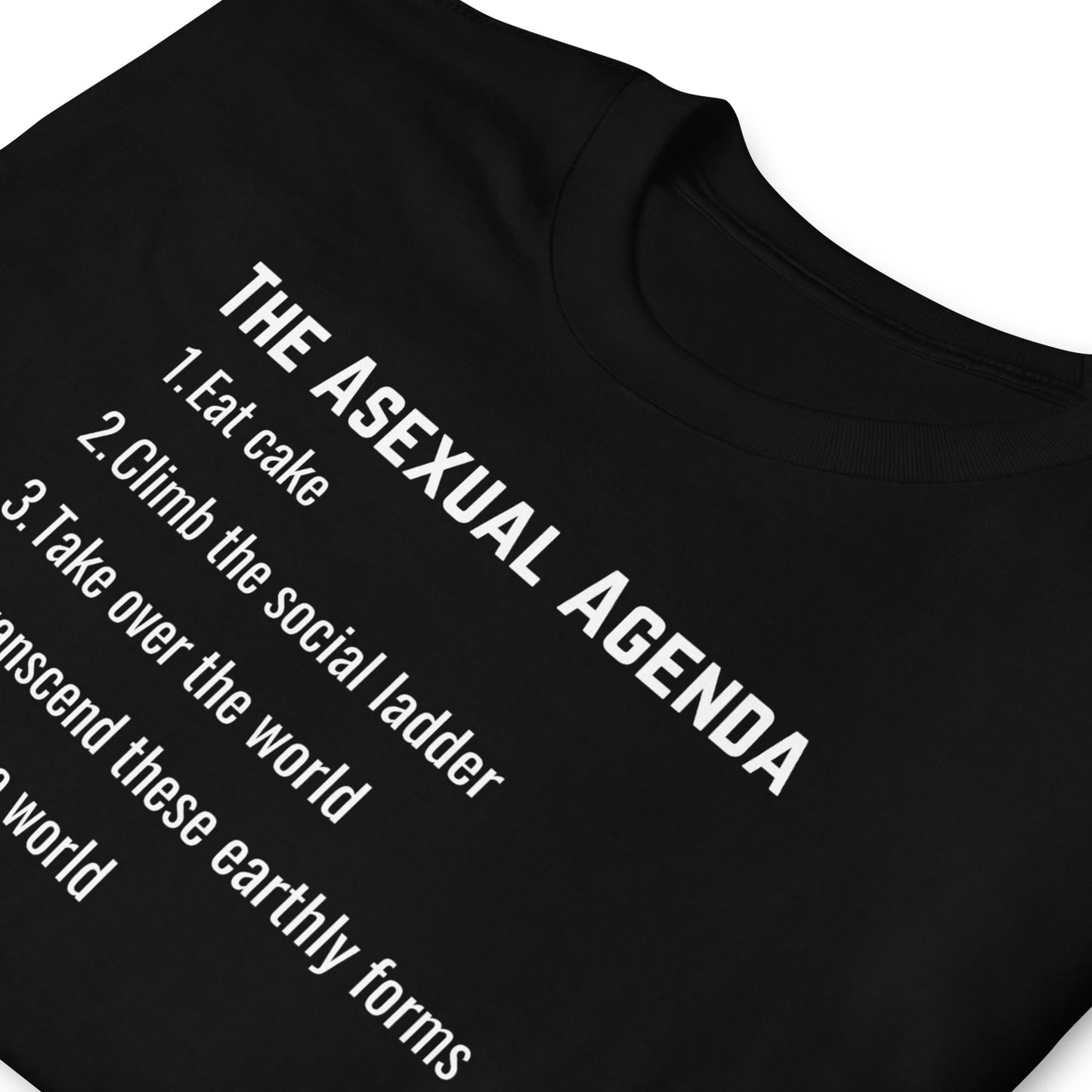 Black funny t-shirt with white text 'THE ASEXUAL AGENDA' and a list of items on a white background