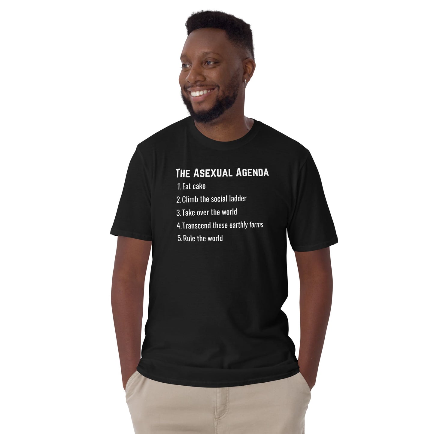 Man wearing a funny black t-shirt with 'The Asexual Agenda' text on a white background