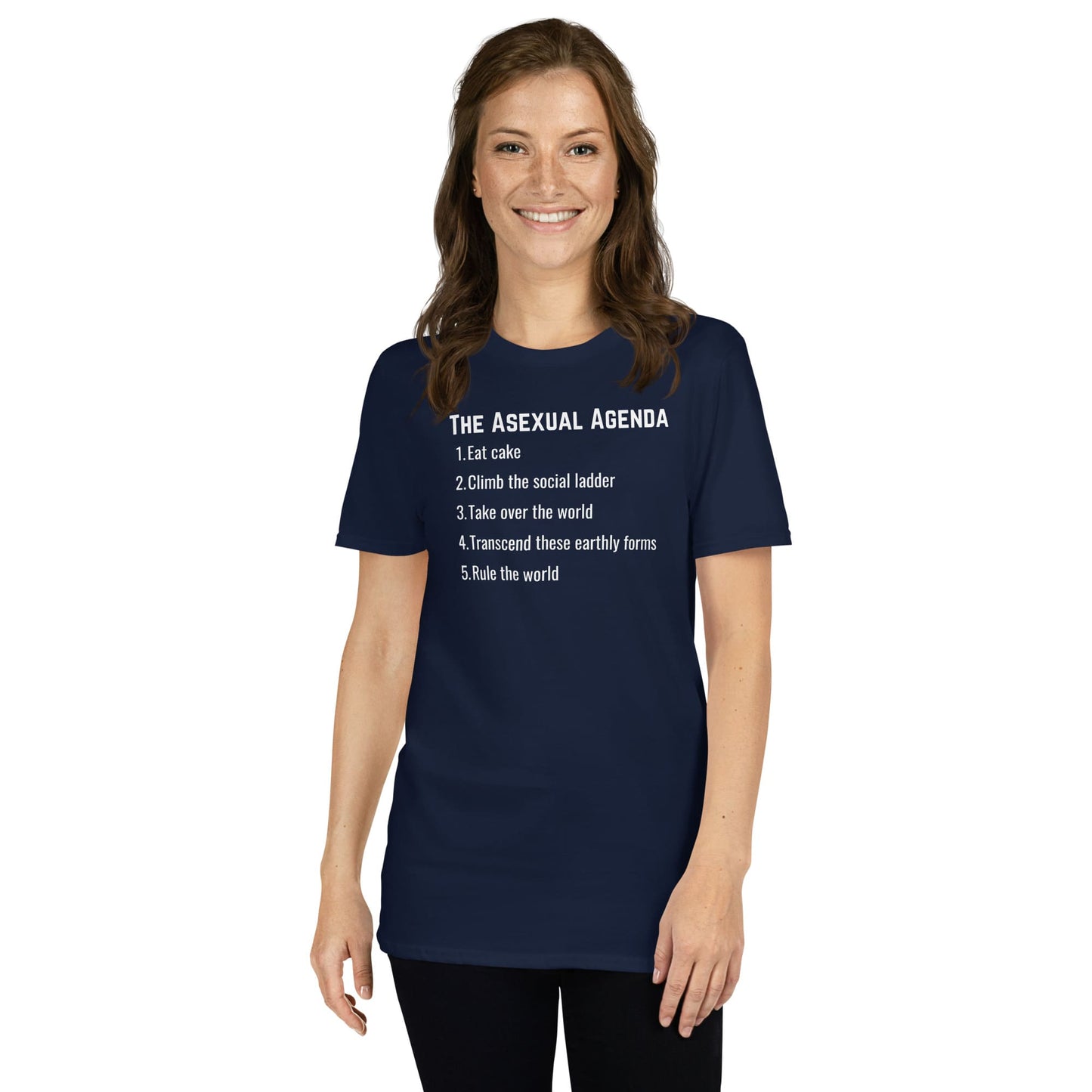 Person wearing a funny navy blue t-shirt with 'The Asexual Agenda' text on a white background