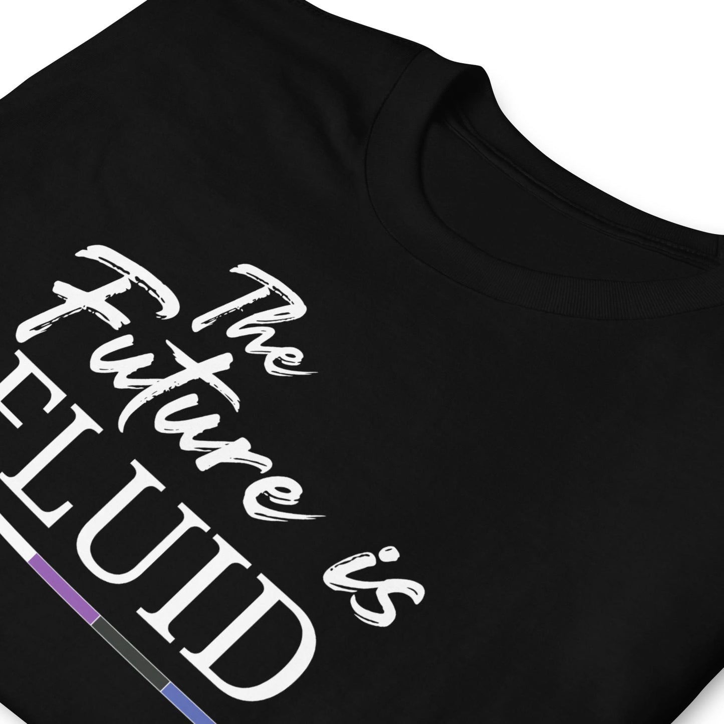 genderfluid Black t-shirt with white text 'The Future is Fluid' on a white background