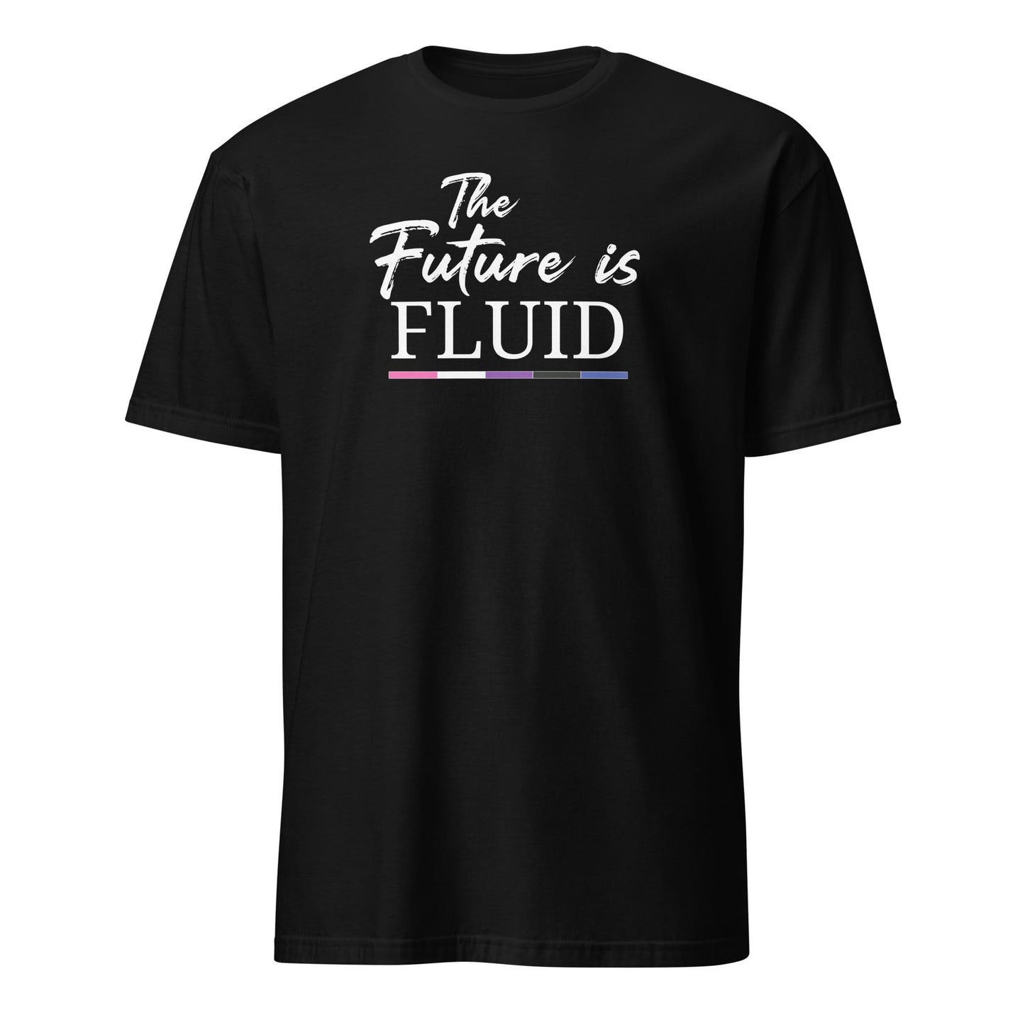 Black t-shirt with 'The Future is Fluid' text on a white background