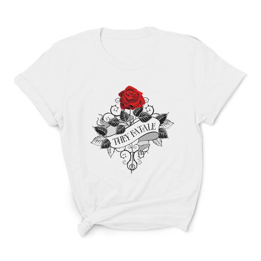 nonbinary shirt, they pronoun fatale rose flower, main