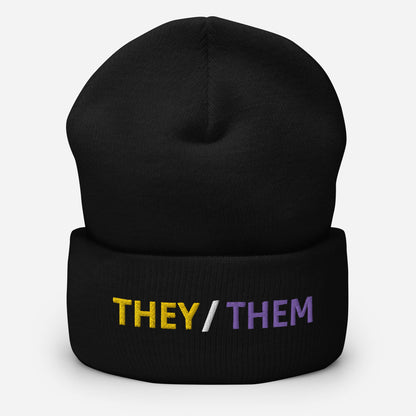 nonbinary they them pronouns cuffed beanie, front