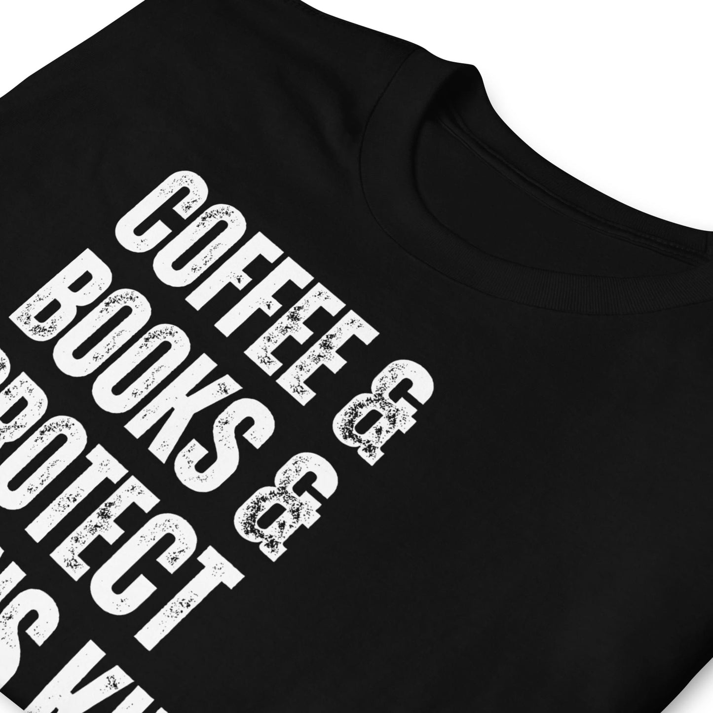 Black t-shirt with white text 'COFFEE & BOOKS & PROTECT TRANS KIDS' on a white background