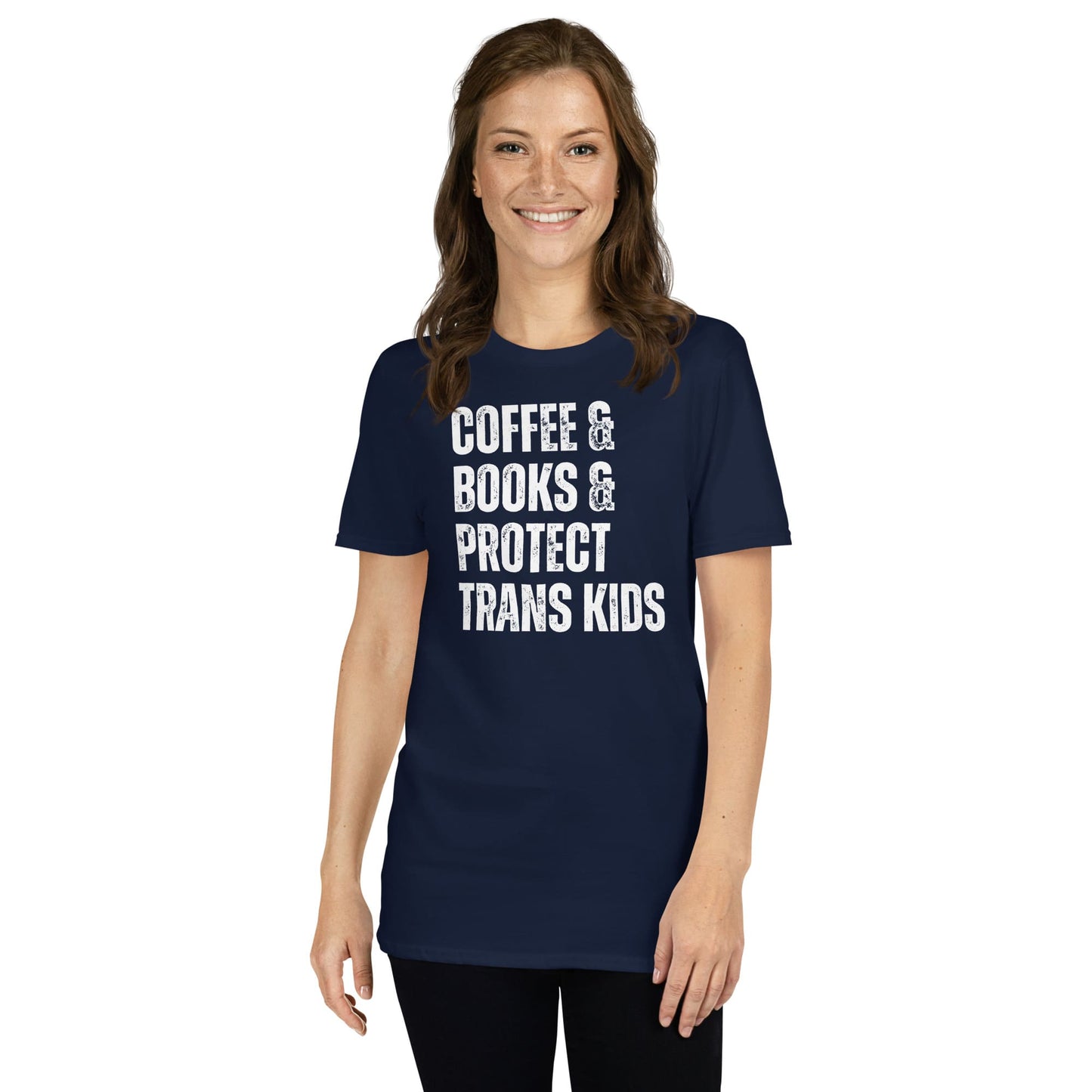 Person wearing a protect transgender kids navy blue t-shirt with white text on a white background