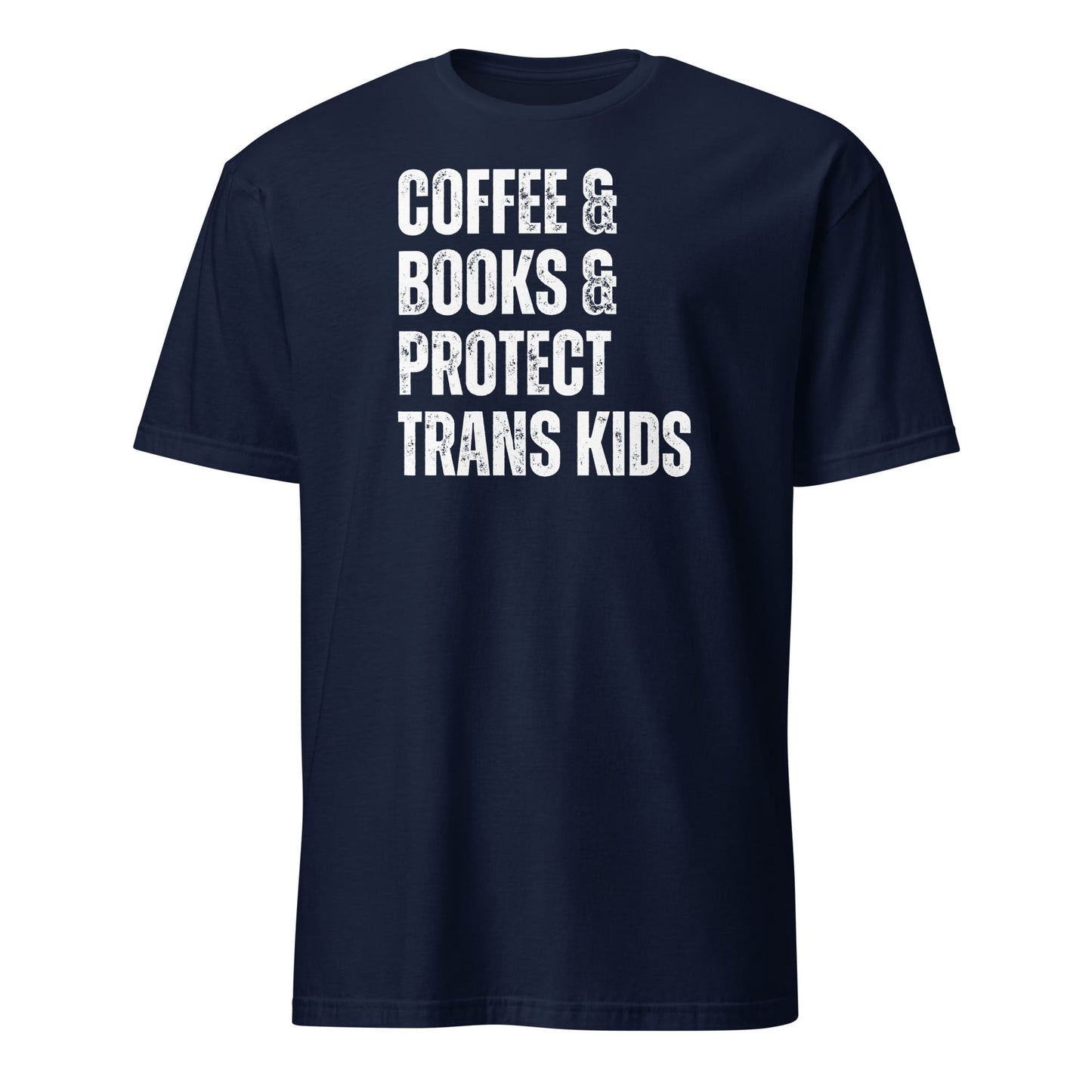 Navy blue t-shirt with white text protect transgender kids on a white background