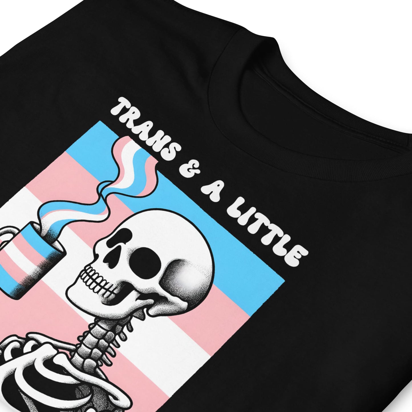 Black t-shirt with a skeleton design and text 'TRANS & A LITTLE OVERSTIMULATED' on a white background: Transgender Anxiety Shirt, Overstimulated Tee, Mental Health T-Shirt, Trans Pride Skeleton Shirt, Sarcastic Neurospicy Gift For MTF Or FTM
