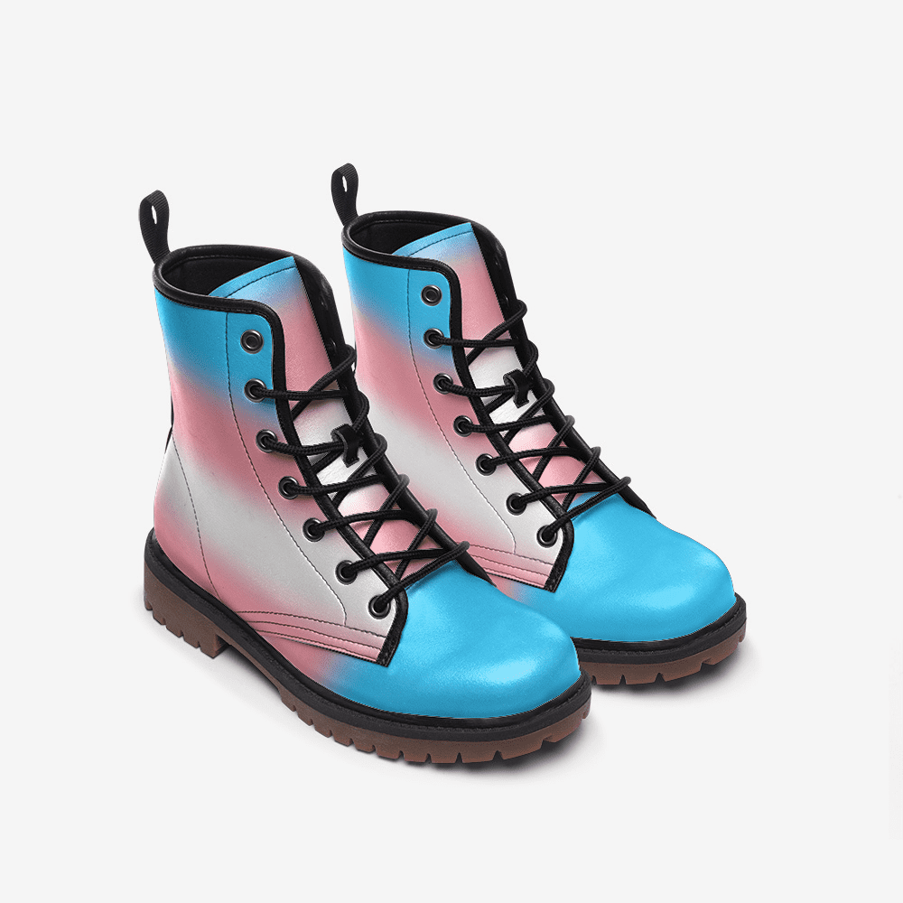 transgender shoes, trans pride combat boots, front