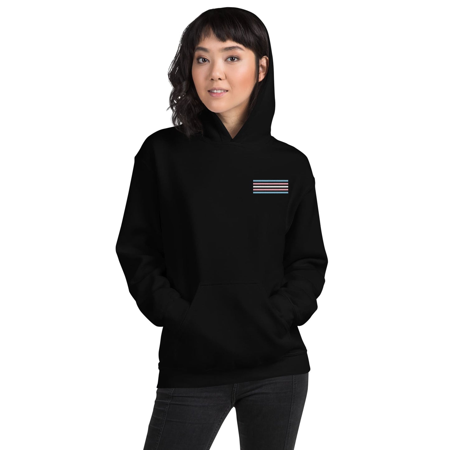 transgender hoodie, subtle trans pride flag embroidered pocket design hooded sweatshirt, model 1