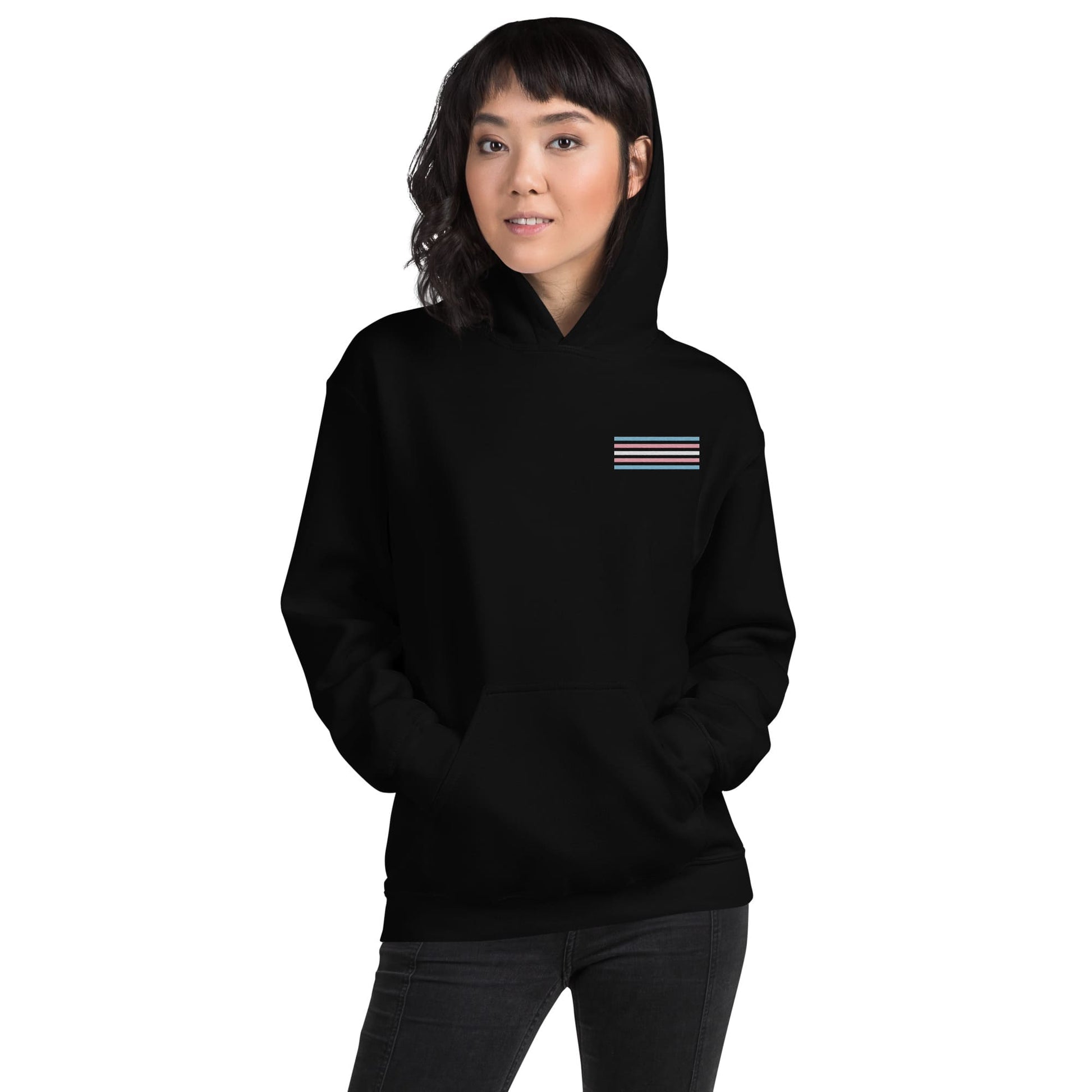 transgender hoodie, subtle trans pride flag embroidered pocket design hooded sweatshirt, model 1