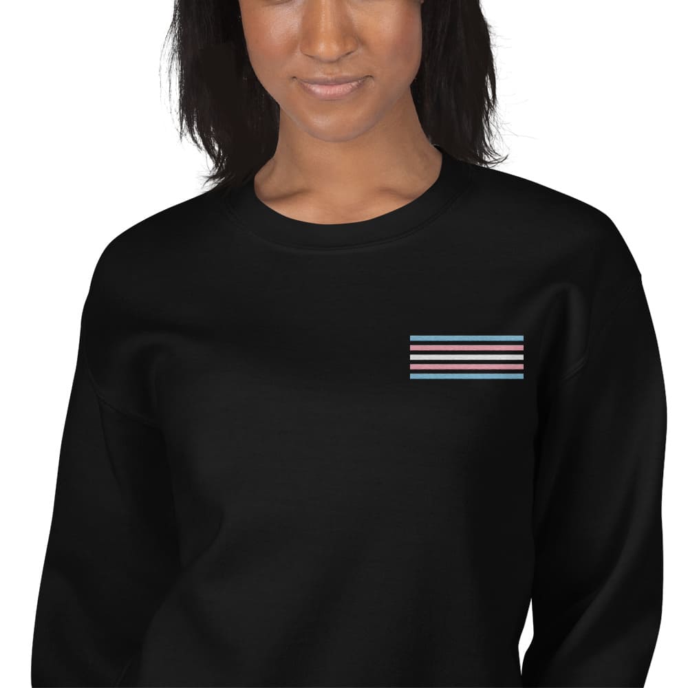 transgender sweatshirt, subtle trans pride flag embroidered pocket design sweater, model 1