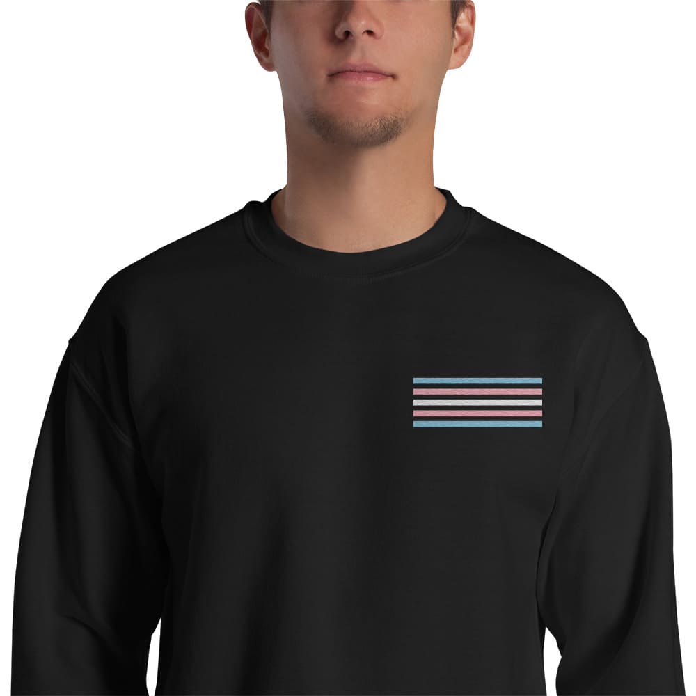 transgender sweatshirt, subtle trans pride flag embroidered pocket design sweater, model 2