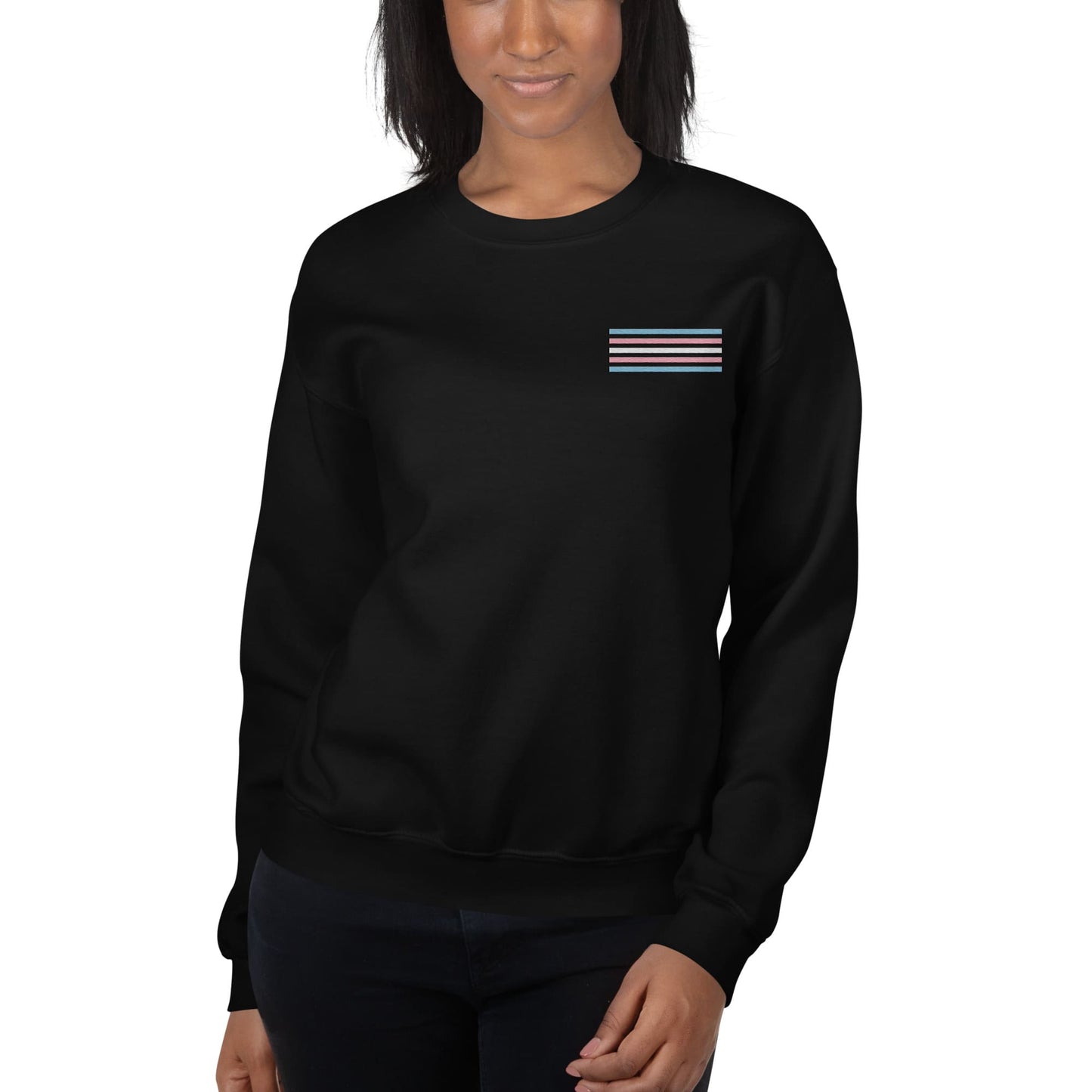 transgender sweatshirt, subtle trans pride flag embroidered pocket design sweater, model 1