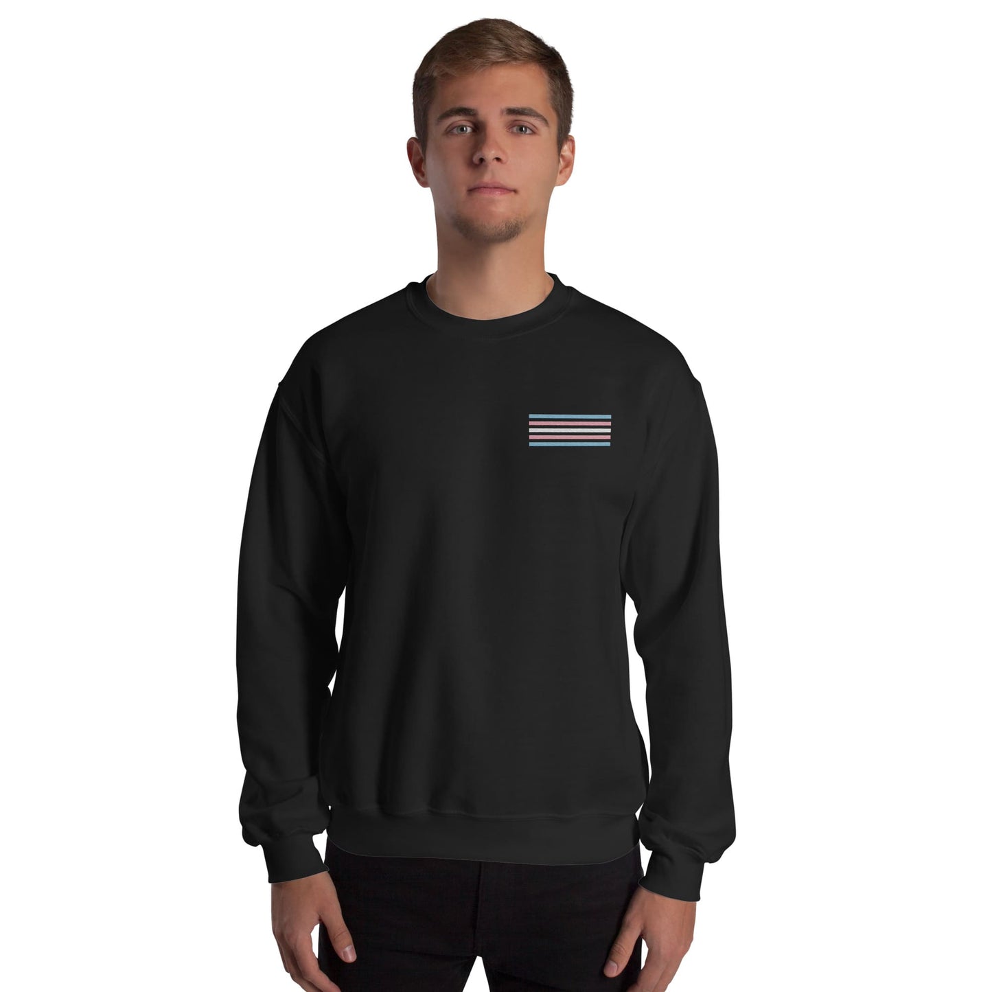 transgender sweatshirt, subtle trans pride flag embroidered pocket design sweater, model 2