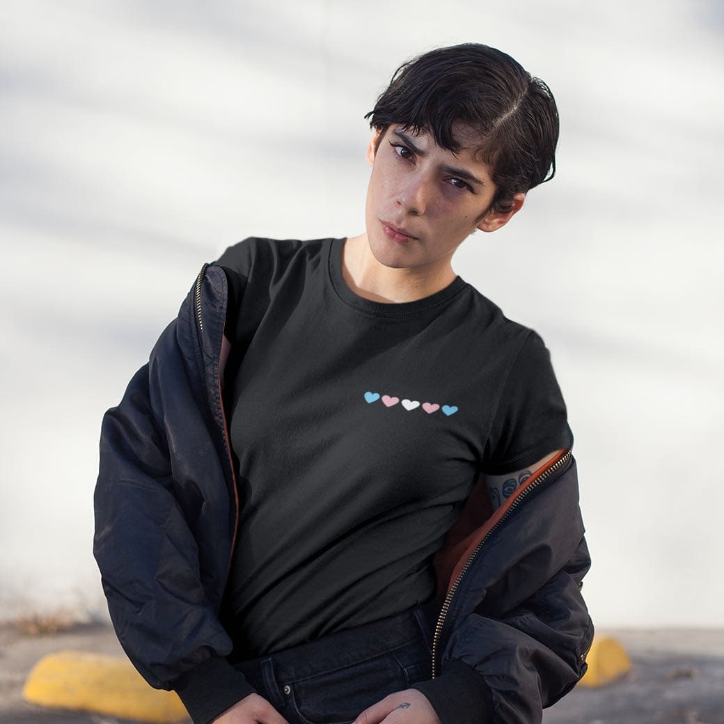 transgender shirt, subtle trans pride pocket design tee, in use