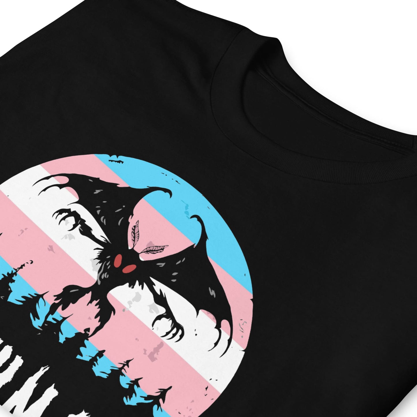 Black t-shirt with a graphic design of mothman and trans colors on a white background: Transgender Mothman Shirt, Trans Pride Cryptid Folklore Tee, Queer Mythology Legend Cryptozoology T-Shirt, Cryptidcore Weirdcore LGBT Gift