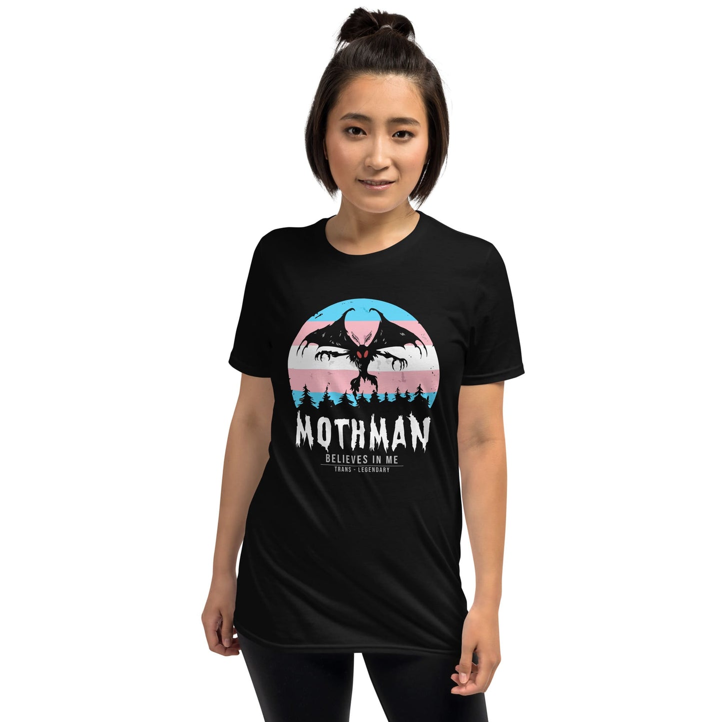 Person wearing a black t-shirt with Mothman graphic and text on a white background: Transgender Mothman Shirt, Trans Pride Cryptid Folklore Tee, Queer Mythology Legend Cryptozoology T-Shirt, Cryptidcore Weirdcore LGBT Gift