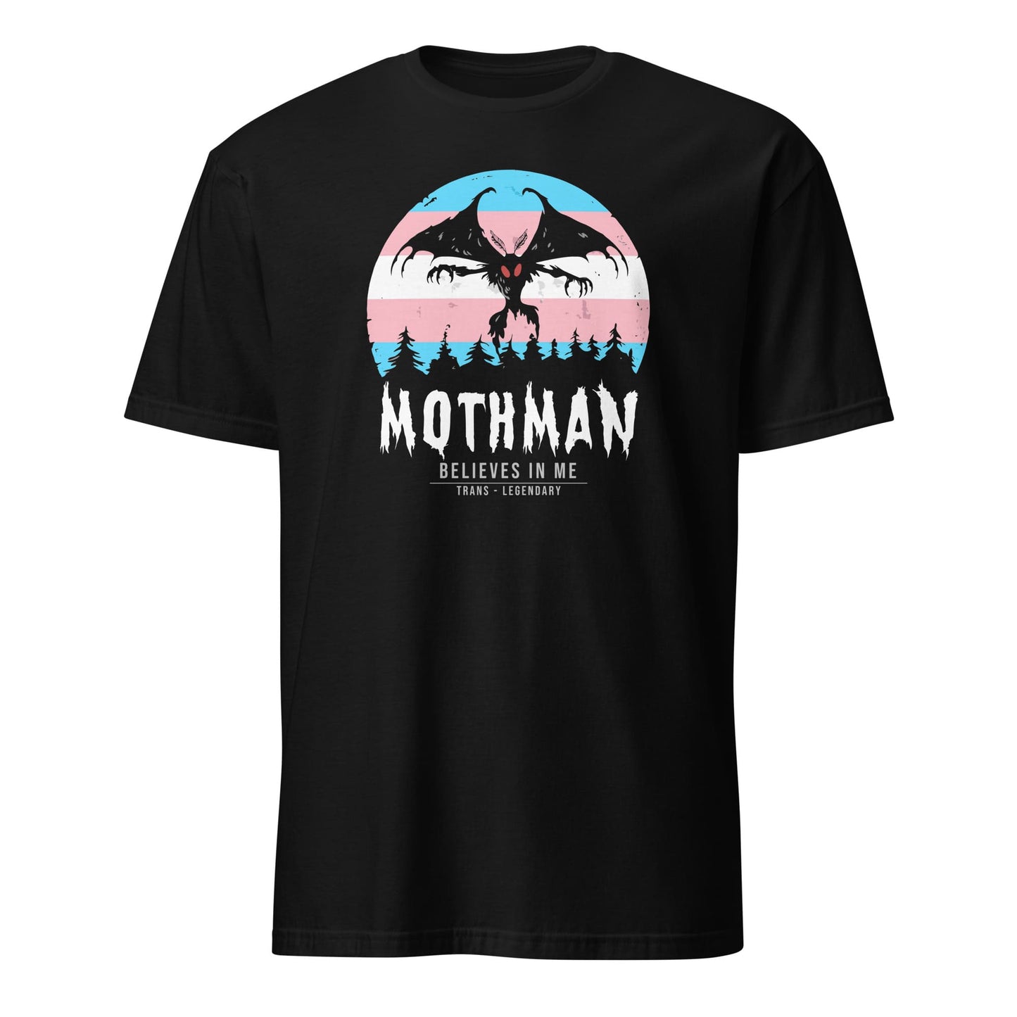 Black t-shirt with Mothman graphic and text on a white background: Transgender Mothman Shirt, Trans Pride Cryptid Folklore Tee, Queer Mythology Legend Cryptozoology T-Shirt, Cryptidcore Weirdcore LGBT Gift