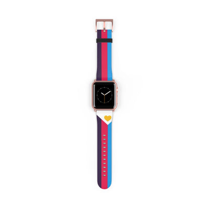 polyamory apple watch band, new tricolor polyam pride flag, rose gold