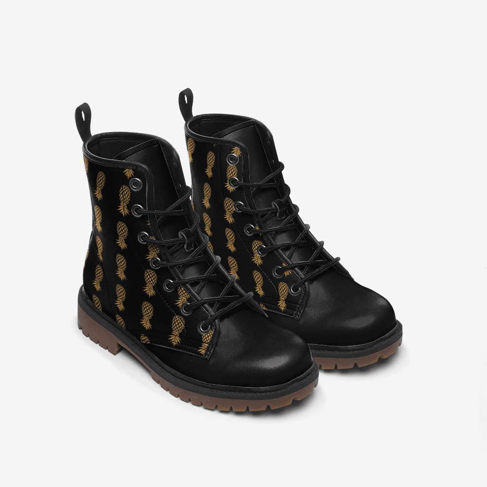 swingers shoes, upside down pineapple combat boots, front