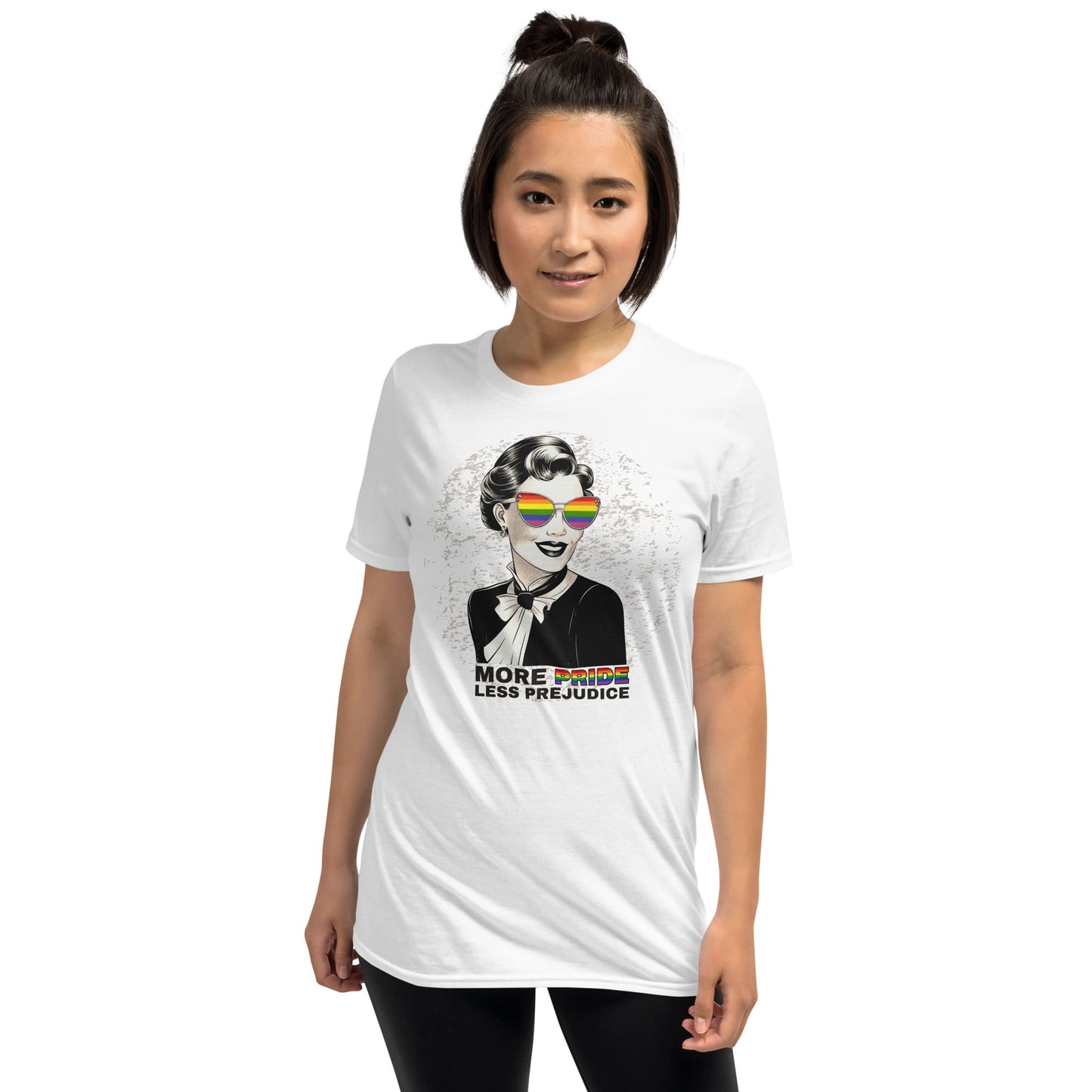 Retro LGBT t-shirt more pride less prejudice, model 1