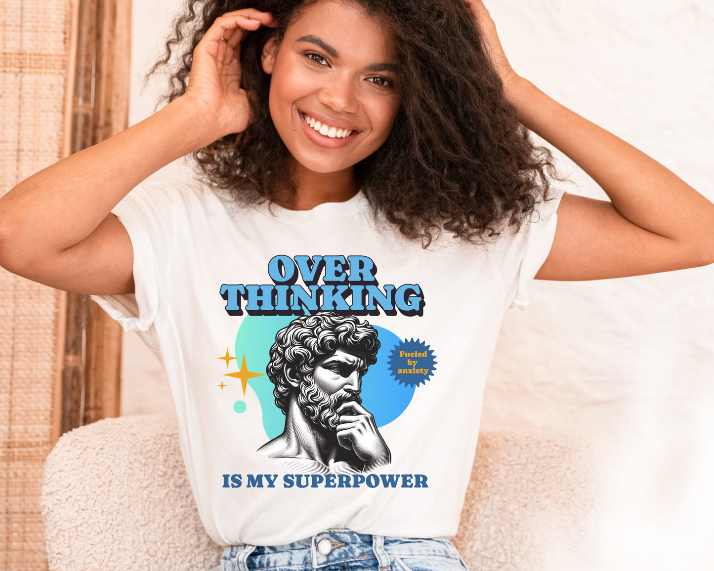 Woman wearing a t-shirt with a graphic of a statue and text 'Overthinking is my superpower': Funny Overthinking Shirt, Anxiety Tee For Autistic, Autism Awareness T-Shirt, Sarcastic Gift For Overthinker, Neurodiverse Tee Neurospicy