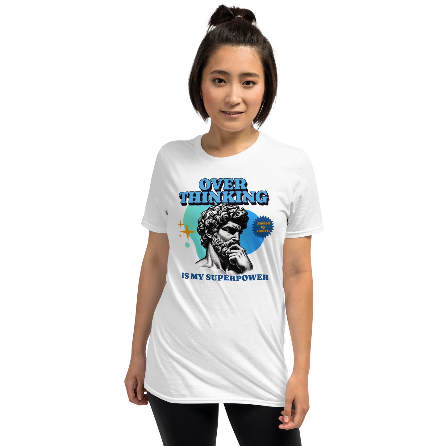 Person wearing a white t-shirt with a graphic design and text on a white background: Funny Overthinking Shirt, Anxiety Tee For Autistic, Autism Awareness T-Shirt, Sarcastic Gift For Overthinker, Neurodiverse Tee Neurospicy